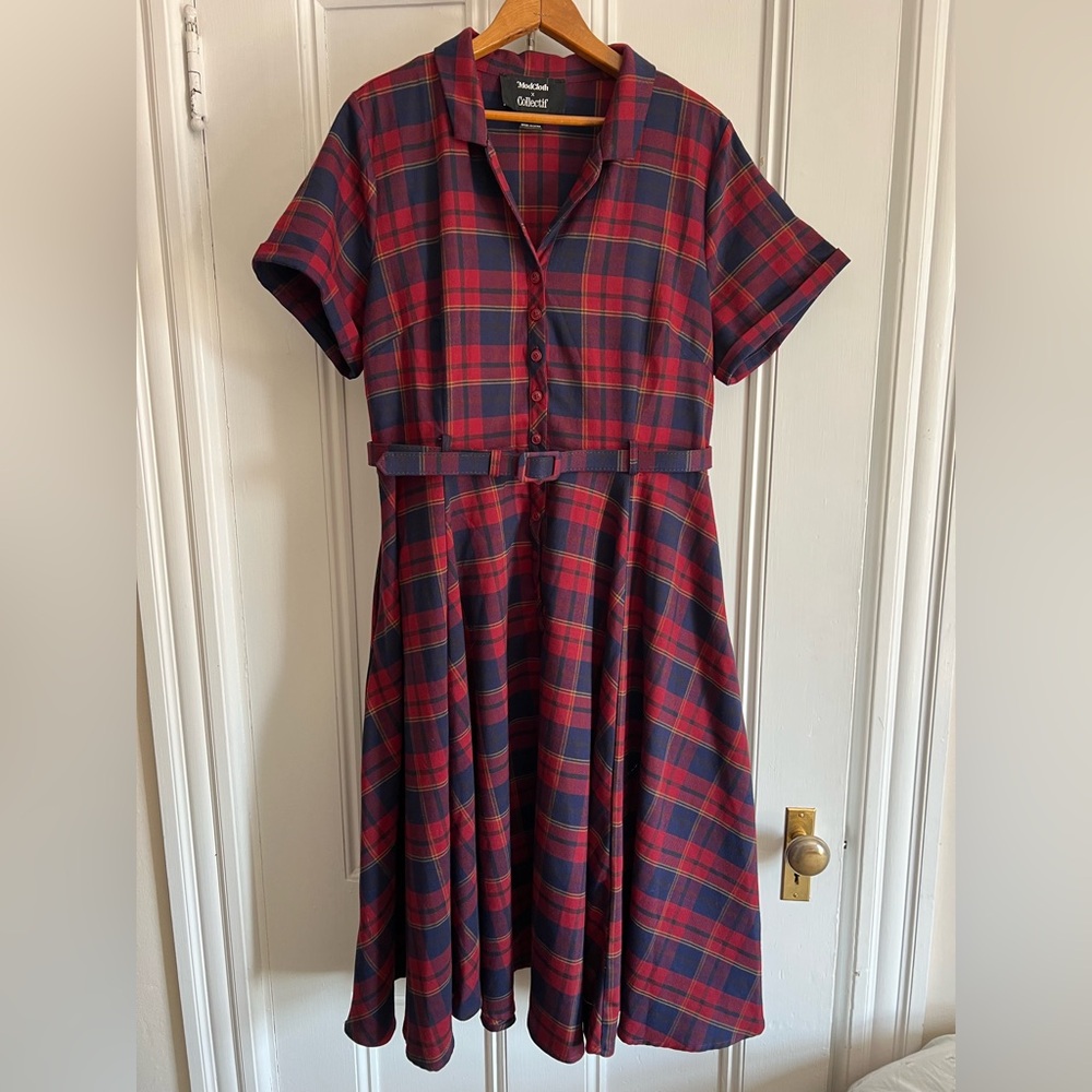 Modcloth x Collectif Plaid Red and Blue Women's Diner Dress US Size 14/UK 18